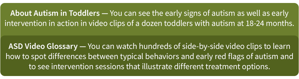 ASD Video Glossary — You can watch hundreds of side-by-side video clips to learn how to spot differences between typical behaviors and early red flags of autism and to see intervention sessions that illustrate different treatment options.